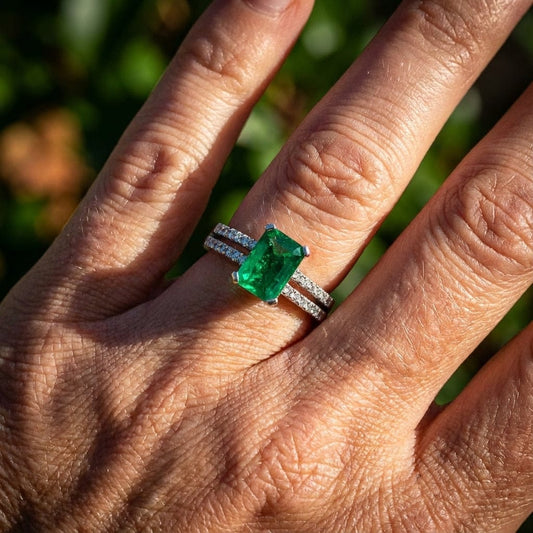 18ct White gold emerald and diamond ring with split shoulders Ring Rock Lobster