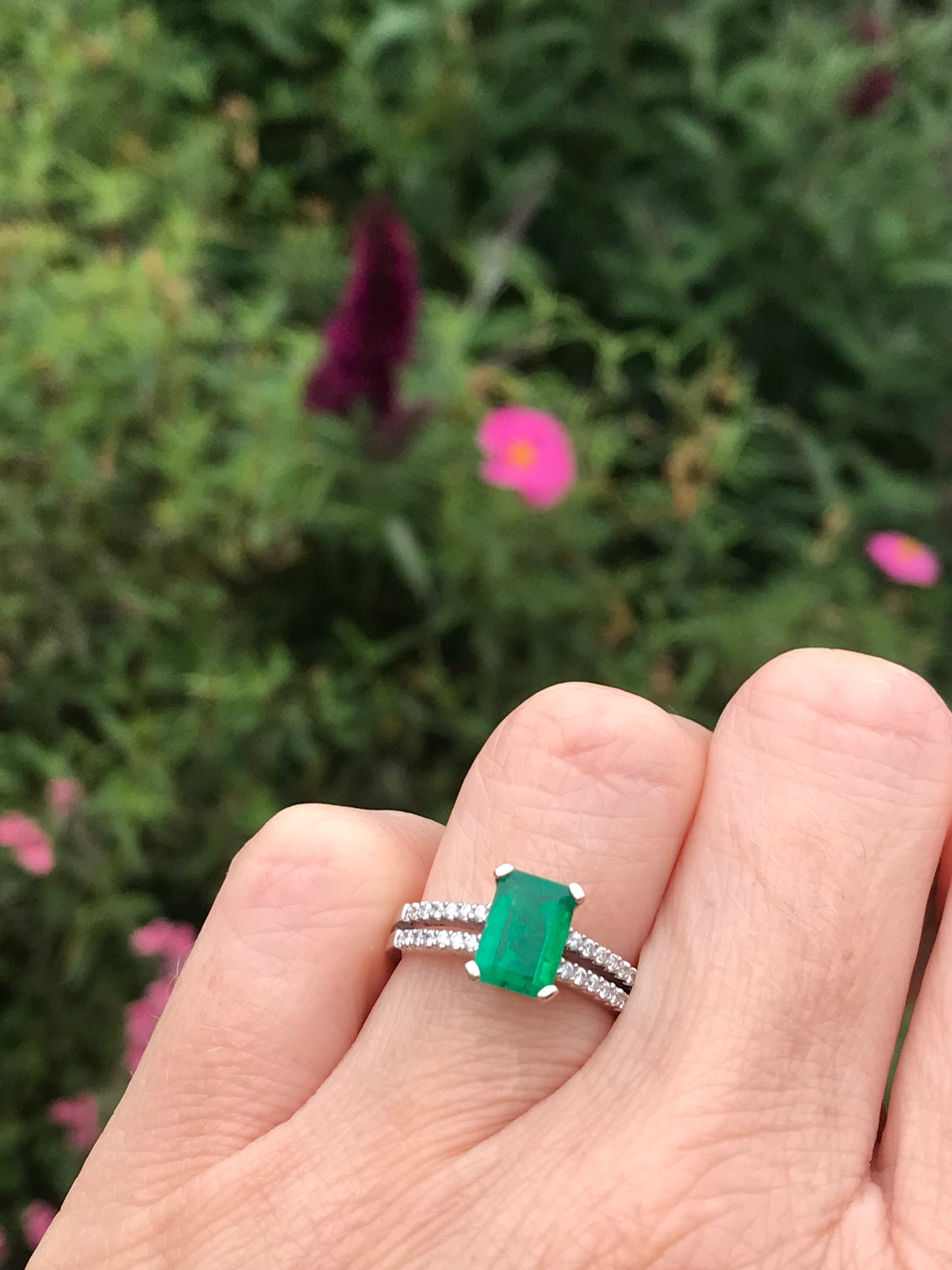 18ct White gold emerald and diamond ring with split shoulders Ring Rock Lobster