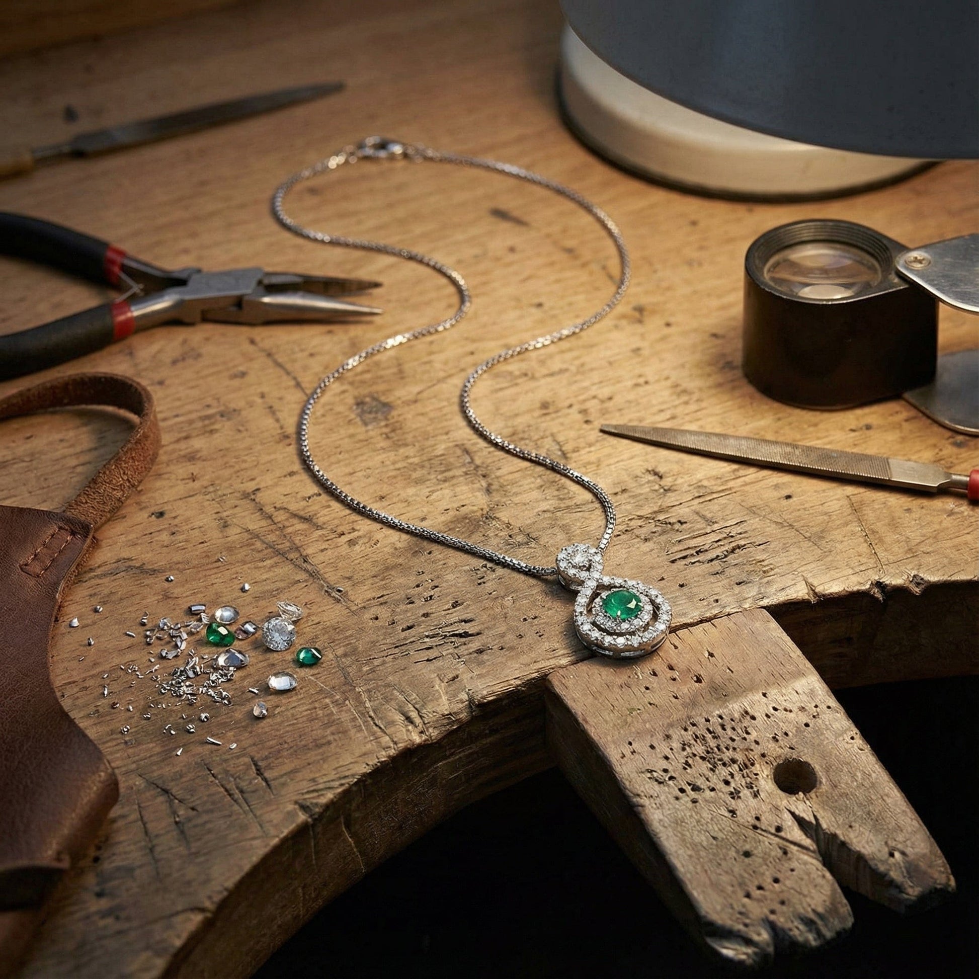 18ct white gold round cut emerald and diamond halo style necklace Pendant Rock Lobster