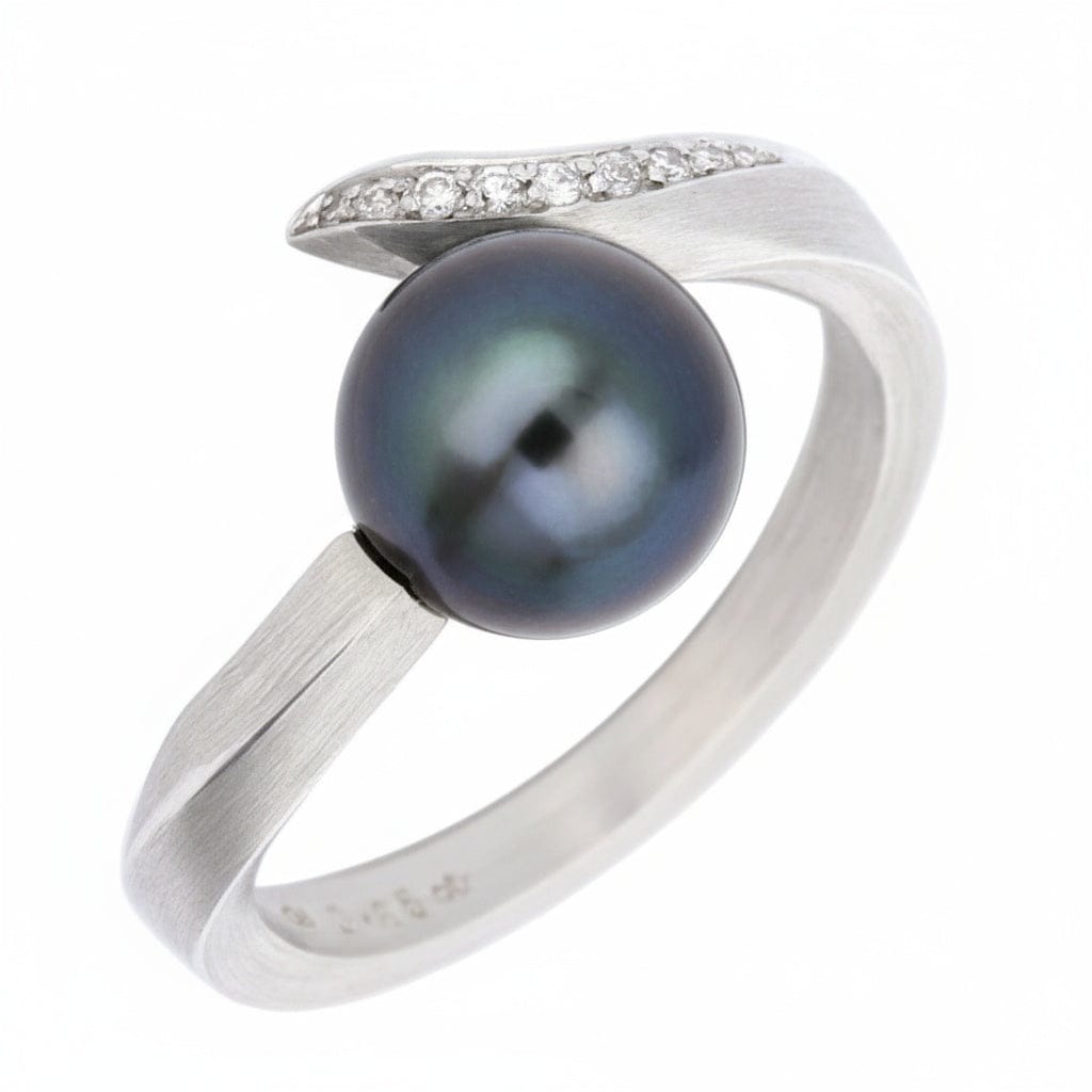 18ct white gold tahitian pearl diamond curl ring size M 1/2 Ring Gellner