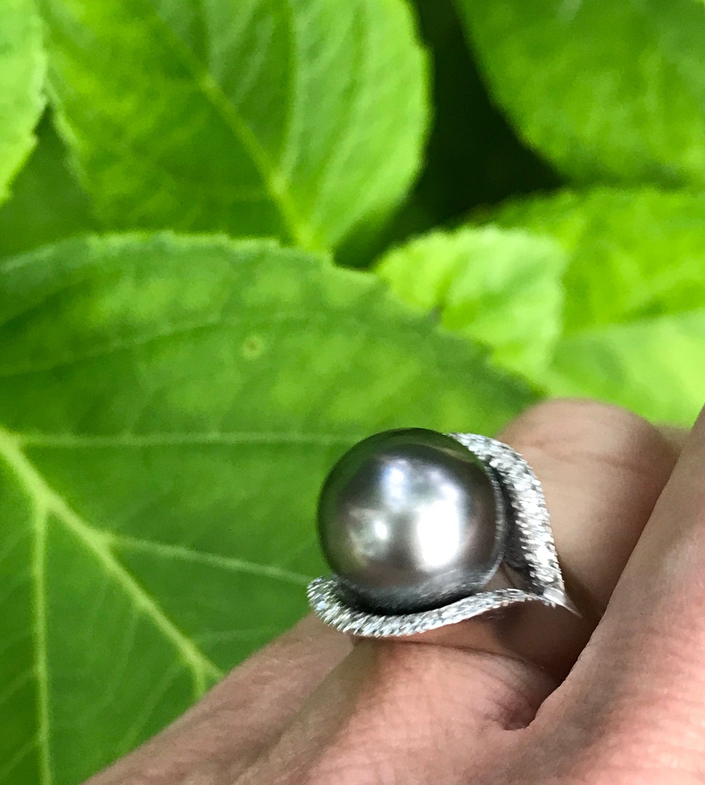 18ct white gold Tahitian pearl diamond elliptical ring Ring Gellner
