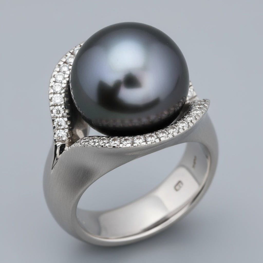 18ct white gold Tahitian pearl diamond elliptical ring Ring Gellner