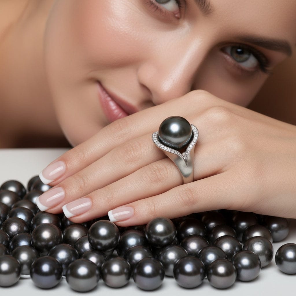 18ct white gold Tahitian pearl diamond elliptical ring Ring Gellner