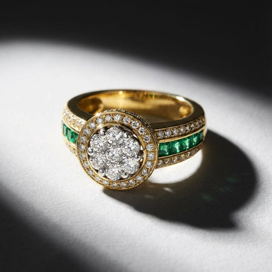 18ct yellow Gold Diamond & Emerald halo ring Ring Buchwald