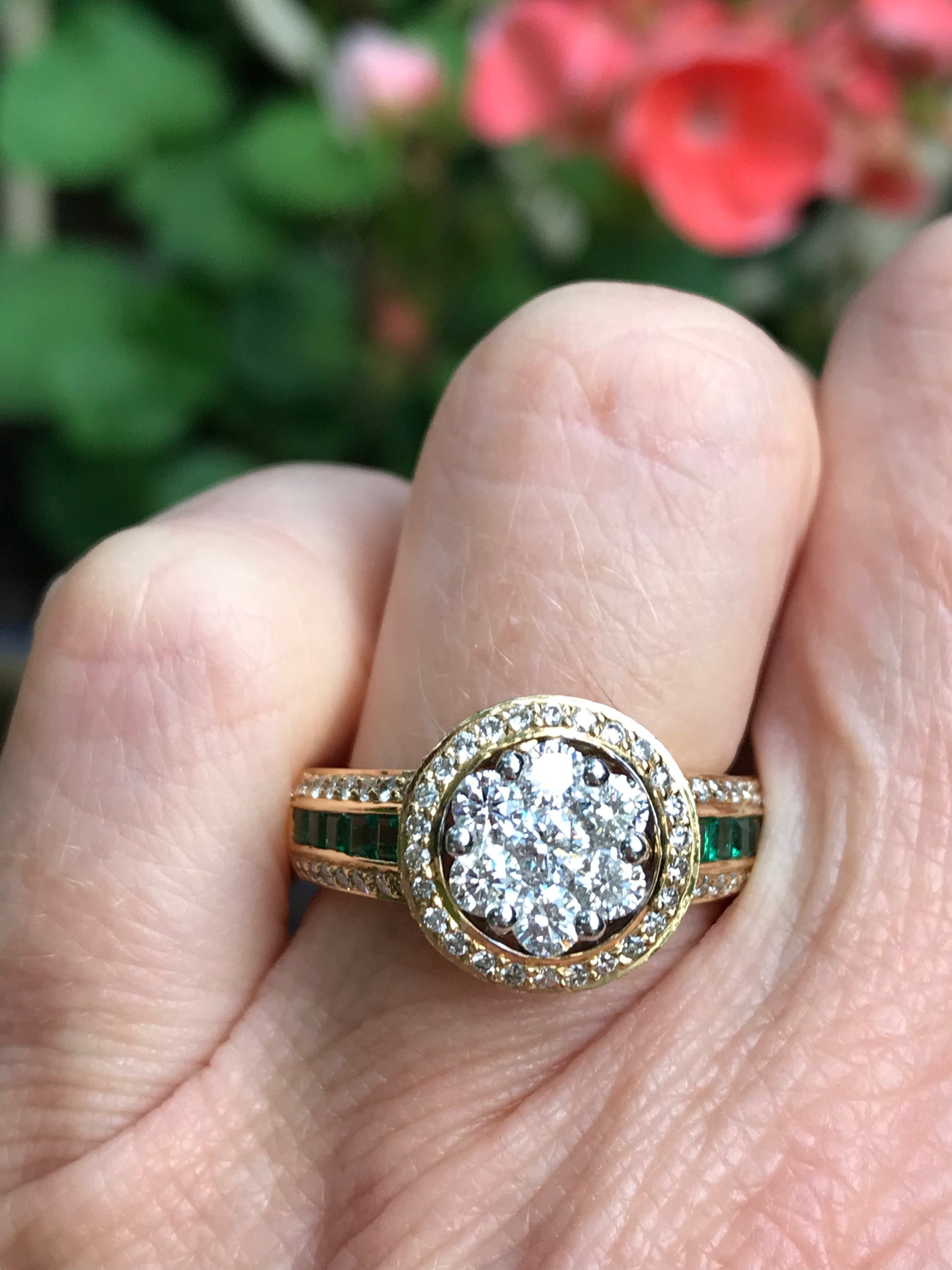 18ct yellow Gold Diamond & Emerald halo ring Ring Buchwald