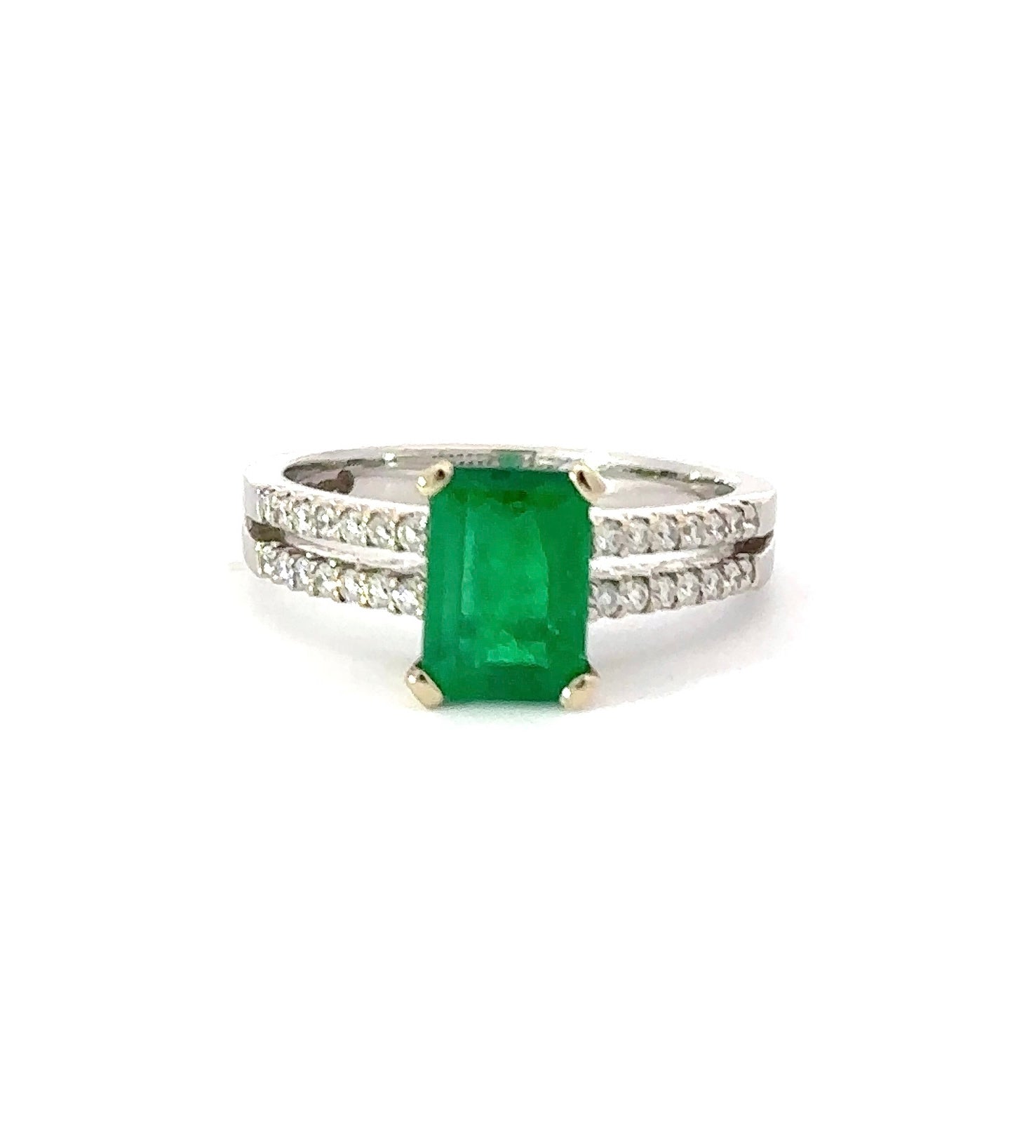 18ct White gold emerald and diamond ring with split shoulders Ring Rock Lobster   