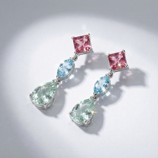 18ct White gold green  beryl , pink tourmaline and aqua drop earrings