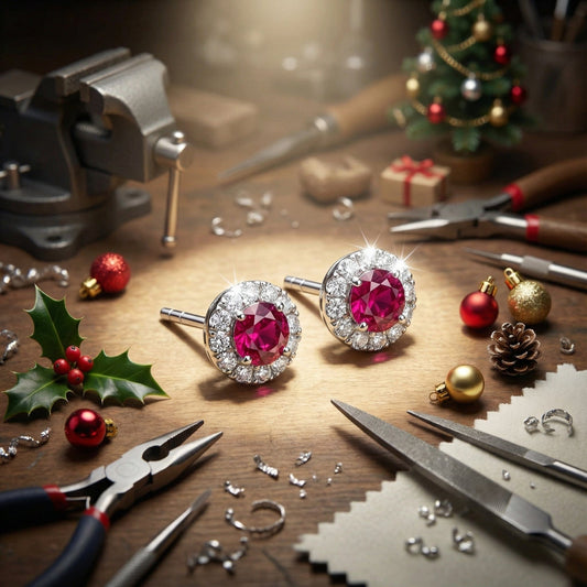 18ct white gold ruby and diamond halo stud earrings