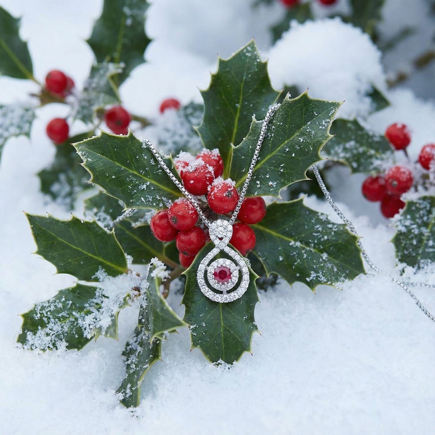 18ct white gold ruby and diamond halo style necklace