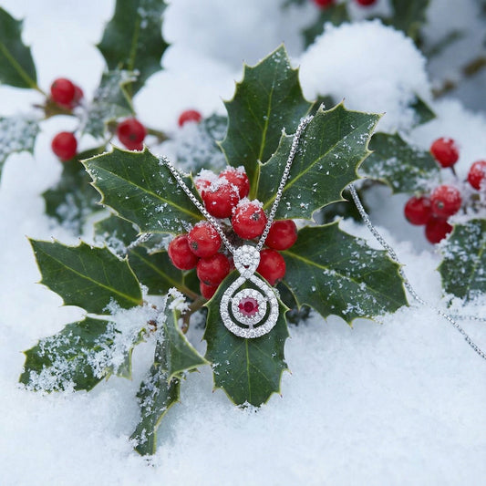 18ct white gold ruby and diamond halo style necklace