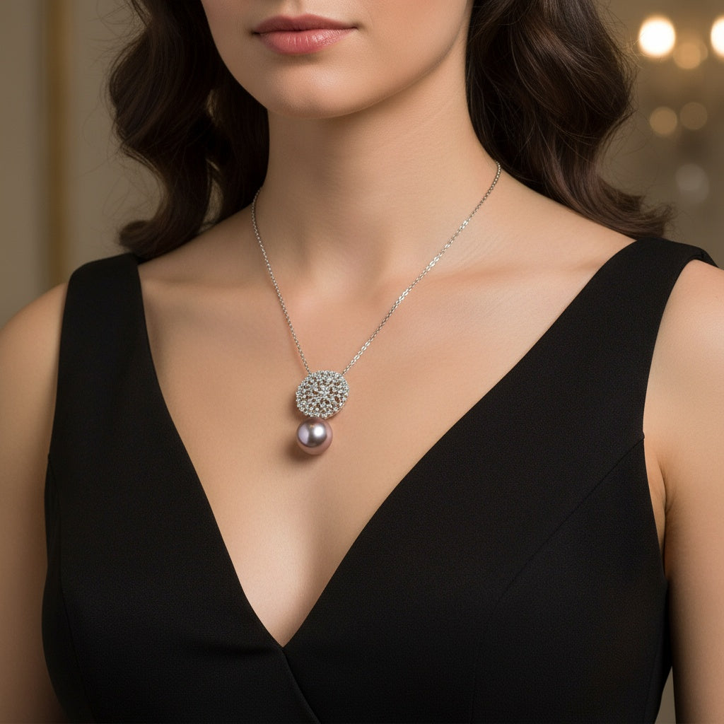 18ct white gold tahitian pearl 0.27ct diamond cluster necklace Neckwear Gellner