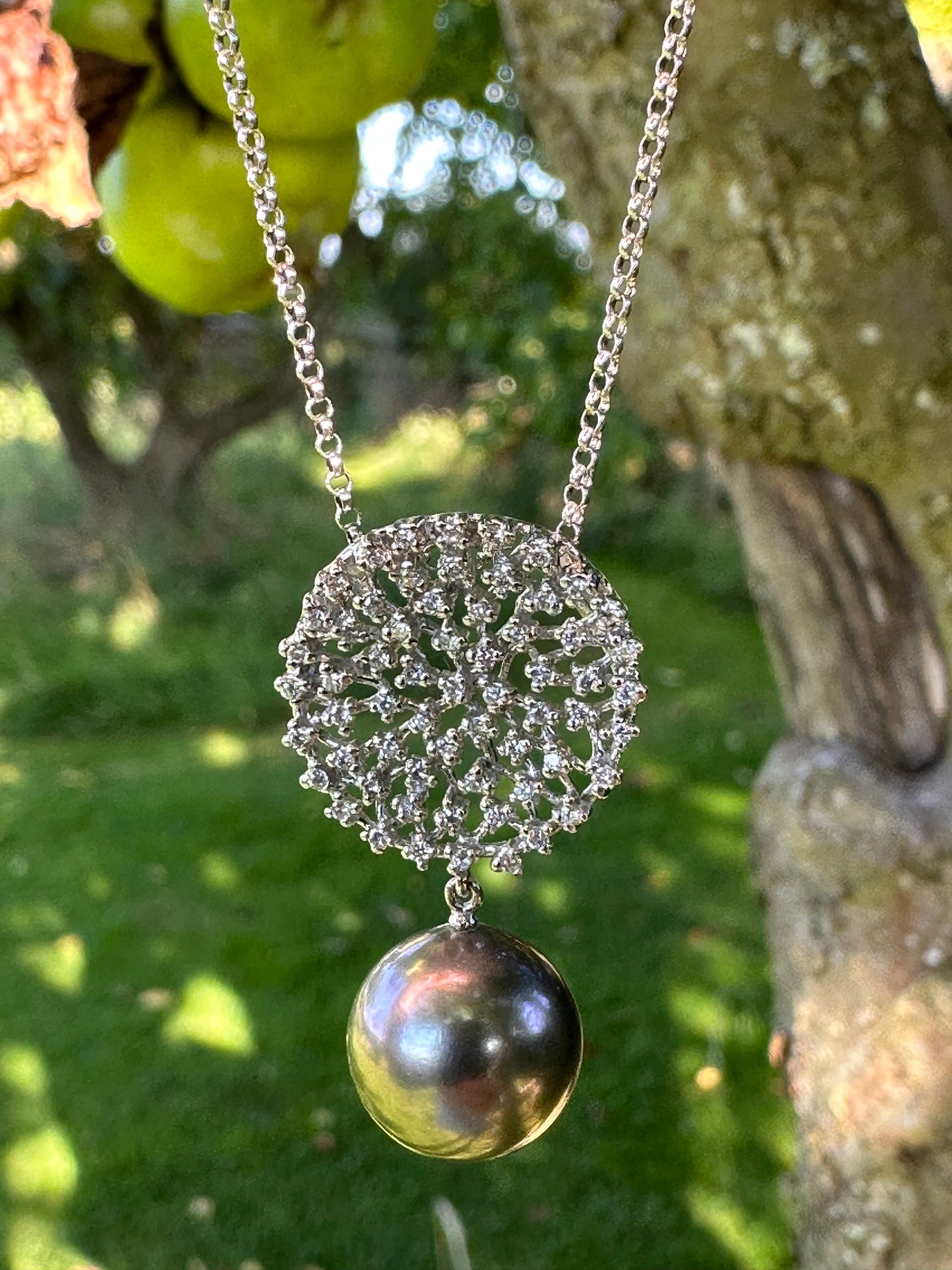 18ct white gold tahitian pearl 0.27ct diamond cluster necklace Neckwear Gellner   