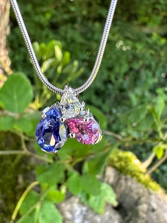 18ct white gold Tanzanite,pink Sapphire,Diamond necklace Pendant Christopher Wharton   