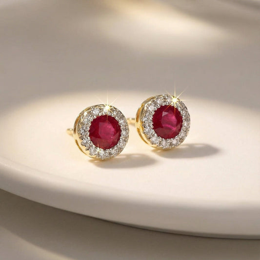 Earrings 9ct gold Ruby and Diamond cluster stud earrings