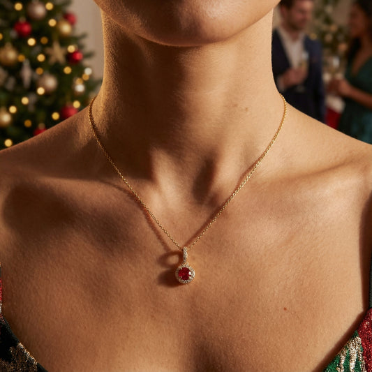 Pendant 9ct gold ruby & diamond round drop necklace