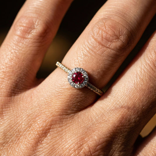 9ct yellow and white gold, ruby and diamond cluster ring Ring Amore