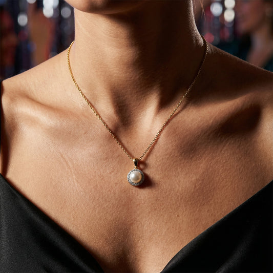 9ct yellow gold pearl and diamond cluster pendant Neckwear Amore