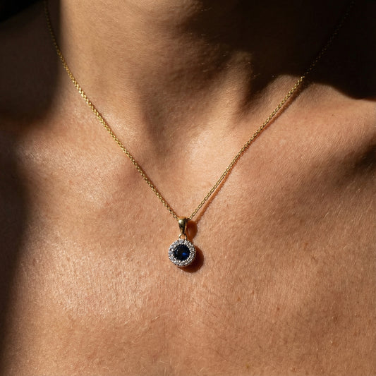 9ct yellow gold sapphire and diamond halo necklace Pendant Amore