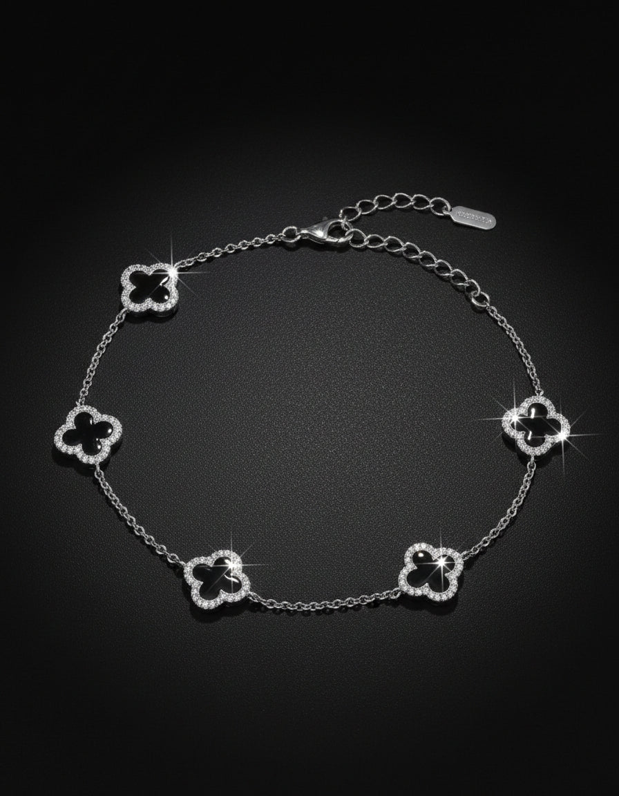 Black Enamel Vintage Lucky Clover Bracelet in silver