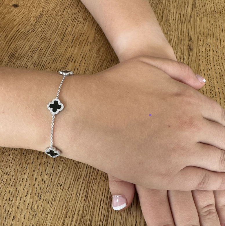 Black Enamel Vintage Lucky Clover Bracelet in silver