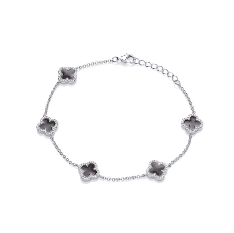 Black Enamel Vintage Lucky Clover Bracelet in silver