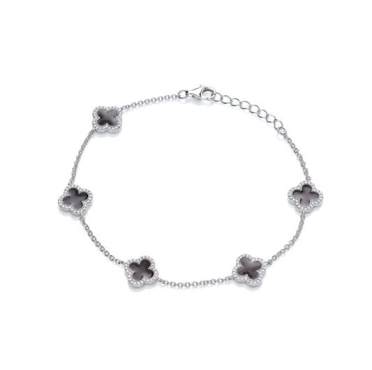 Black Enamel Vintage Lucky Clover Bracelet in silver
