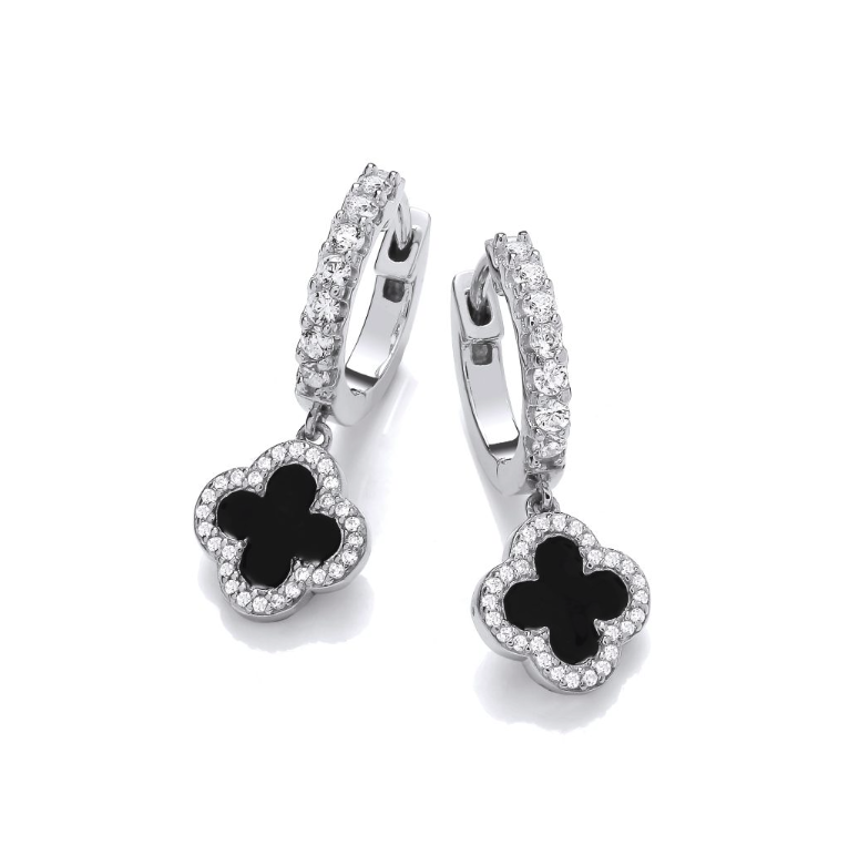 Black Enamel Vintage Lucky Clover Huggie Earrings in Silver