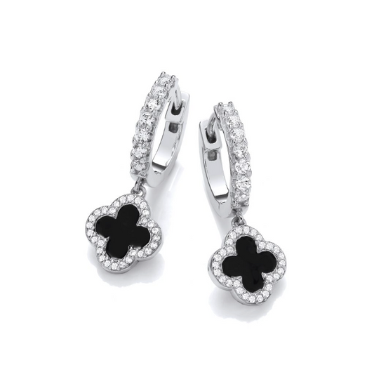 Black Enamel Vintage Lucky Clover Huggie Earrings in Silver