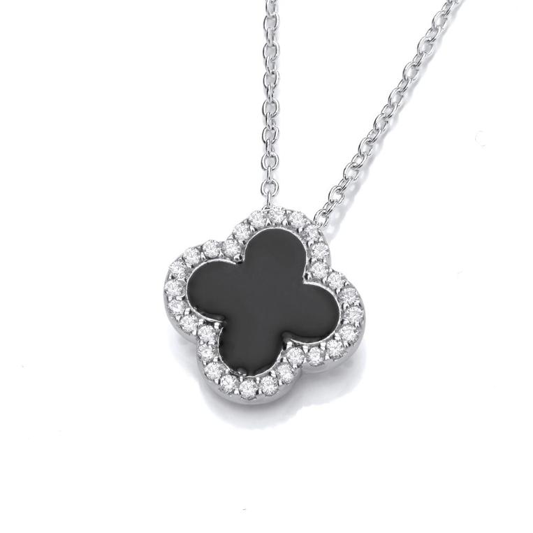 Black Enamel Vintage Lucky Clover Necklace in Silver