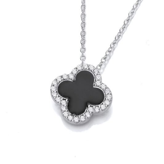Black Enamel Vintage Lucky Clover Necklace in Silver