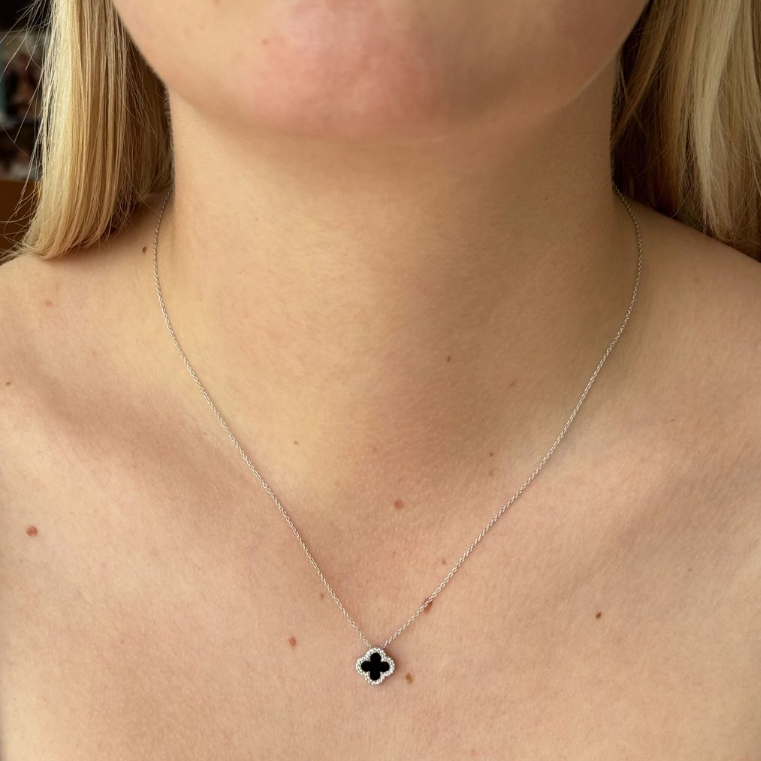 Black Enamel Vintage Lucky Clover Necklace in Silver