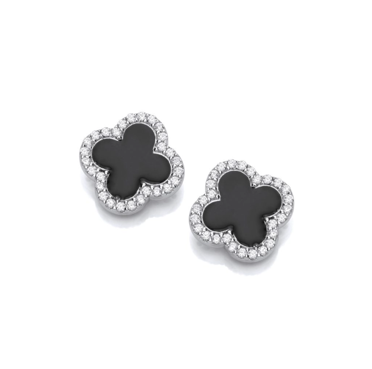 Black Enamel Vintage Lucky Clover Stud Earrings in silver