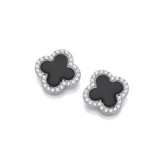 Black Enamel Vintage Lucky Clover Stud Earrings in silver