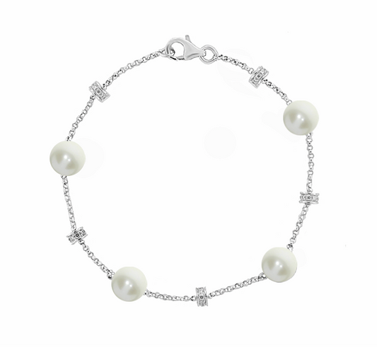 Silver & Pearl Brides Bracelet with Cubic Zirconia Bracelet Amore   