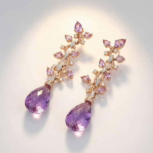 Buchwald 18ct rose gold amethyst briollette and diamond floral drop earrings