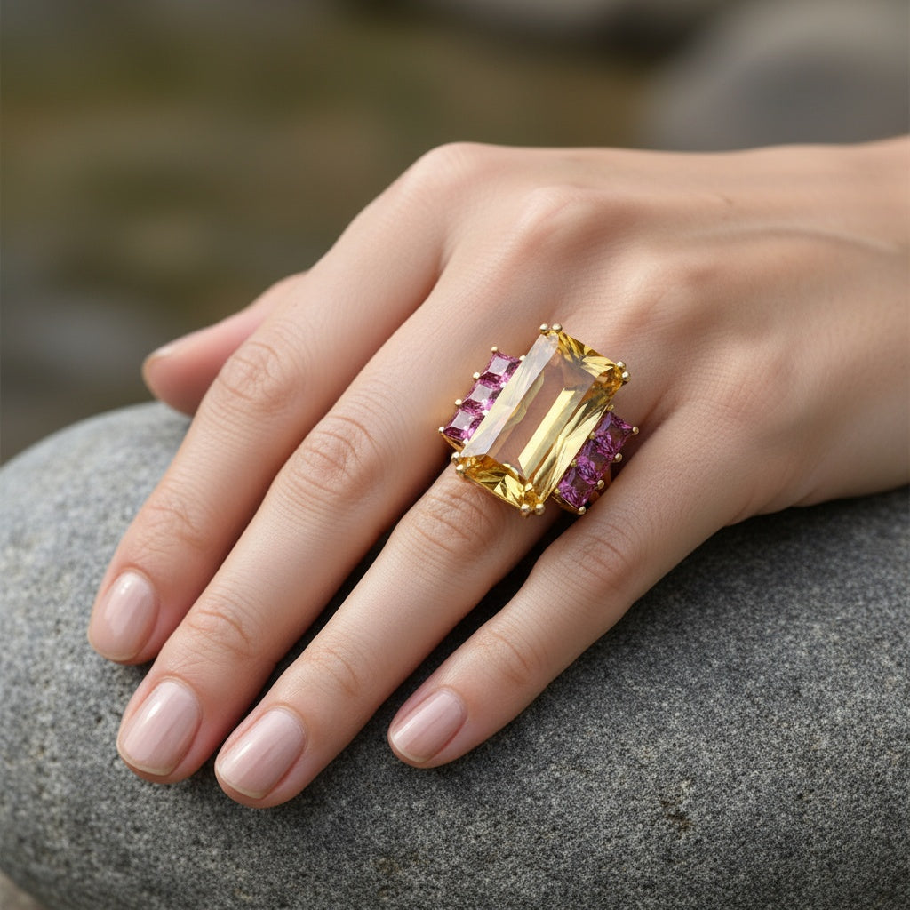 Buchwald 18ct rose gold citrine ring with pink rhodolite side stones