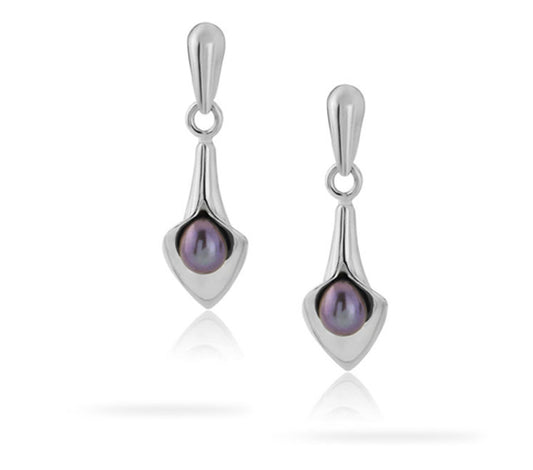 Amanda Cox Silver small black pearl short calla lily drops Earrings Amanda Cox