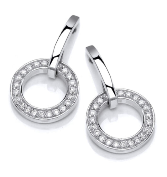 Silver CZ stemmed hoop drop earrings