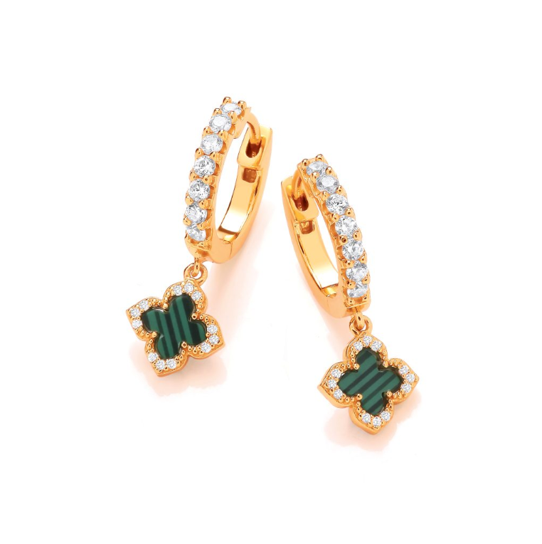 Green Malachite Lucky Clover Huggie Earrings in Gold Plate
