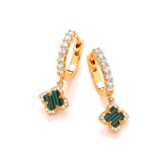 Green Malachite Lucky Clover Huggie Earrings in Gold Plate