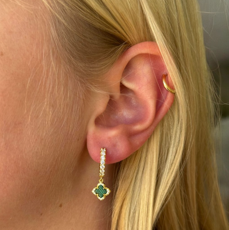 Green Malachite Lucky Clover Huggie Earrings in Gold Plate