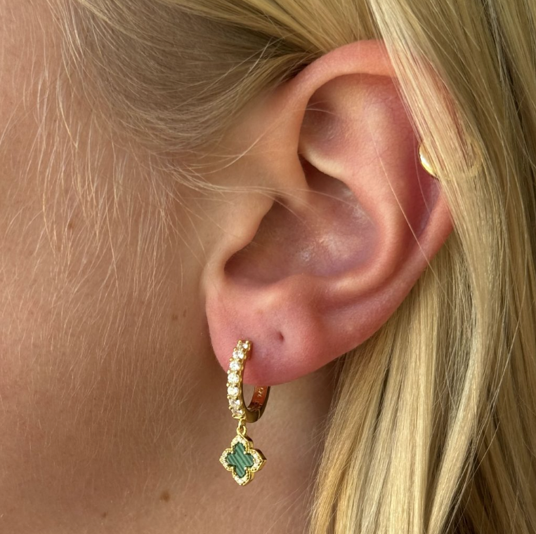 Green Malachite Lucky Clover Huggie Earrings in Gold Plate
