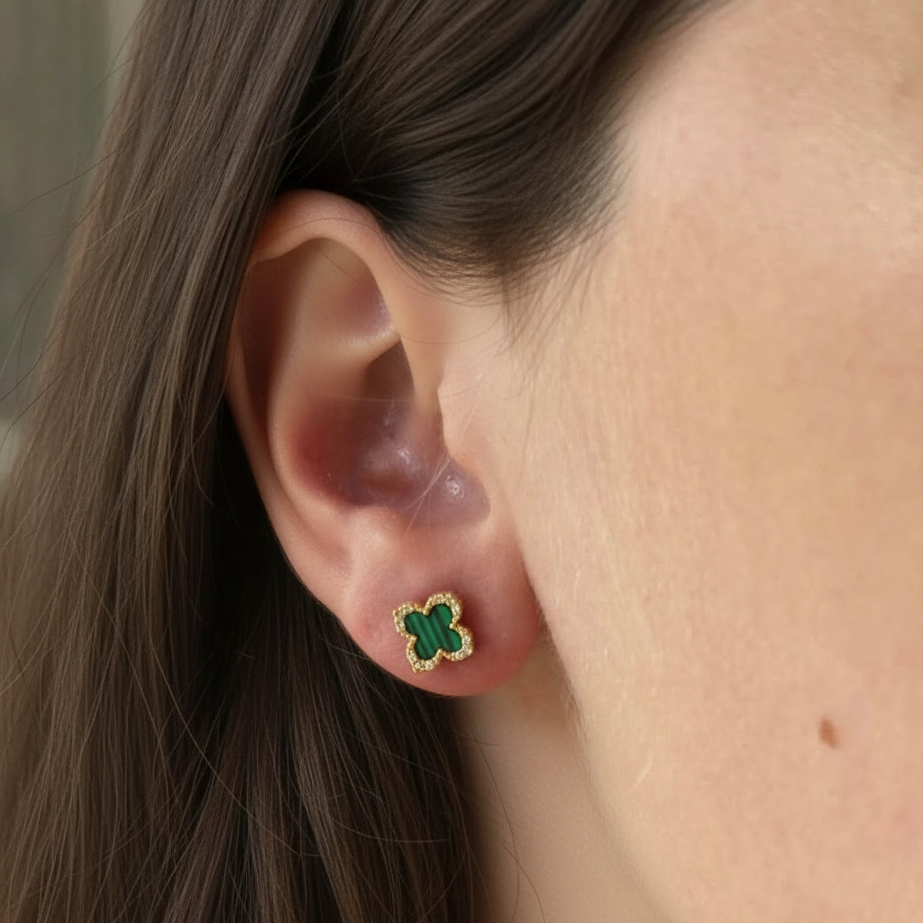 Green Malachite Vintage Lucky Clover Stud Earrings in Gold