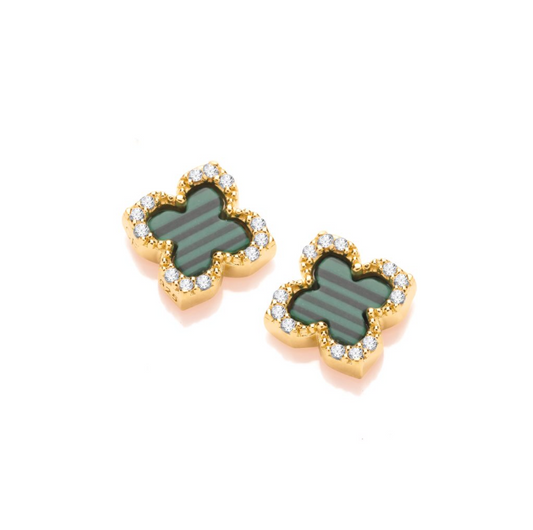 Green Malachite Vintage Lucky Clover Stud Earrings in Gold