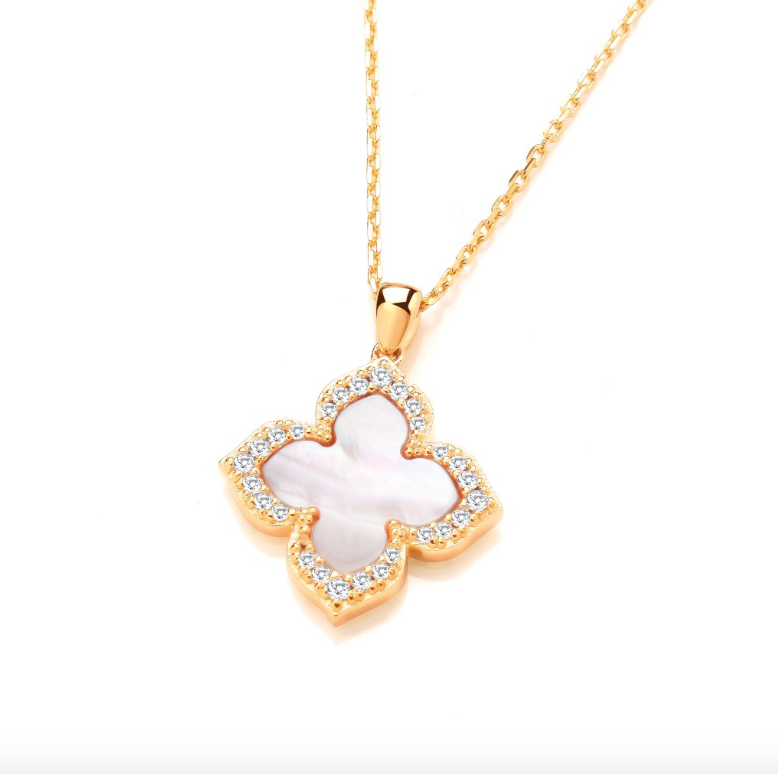Mother of Pearl Vintage Lucky Clover Necklace in Gold Plate