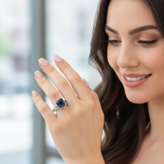 Palladium weaved shape ring set with a petrol blue spinel and diamonds