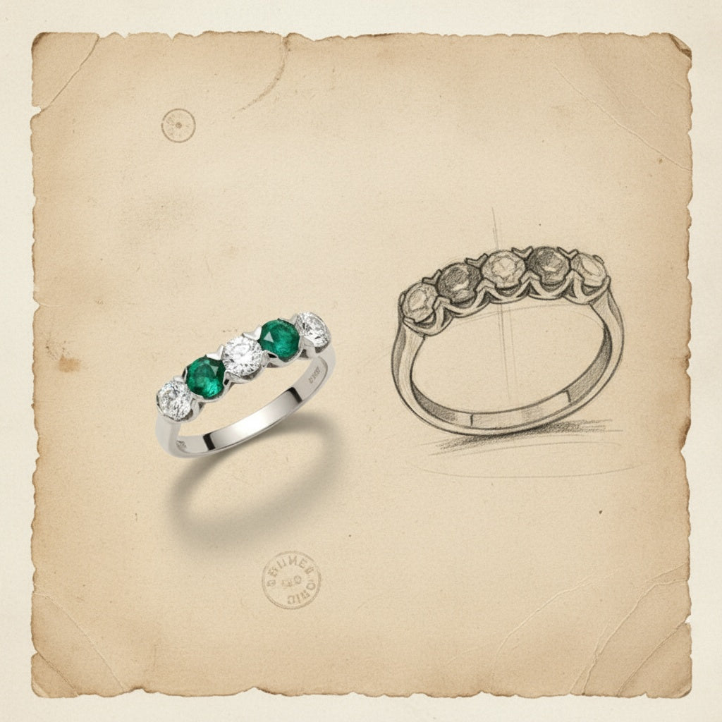 Platinum 5 stone 0.69ct diamond & emerald ring Ring Christopher Wharton