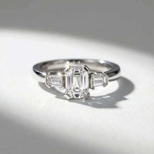 Platinum emerald cut 1.06ct natural diamond trilogy ring - Rock Lobster Jewellery