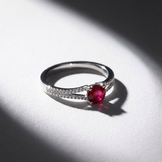 Platinum ruby ring with diamond set shoulders - Rock Lobster Jewellery