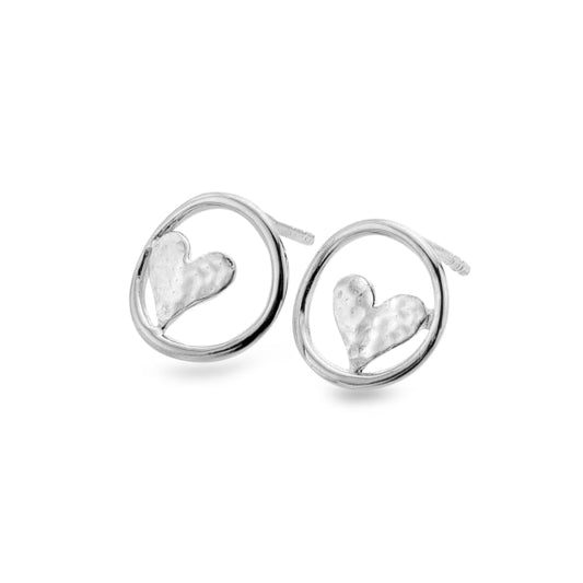 Silver circular hammered heart stud earrings Earrings Sea Gems Ltd